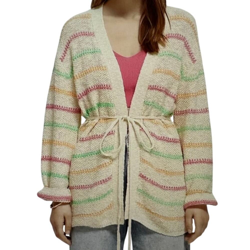 Scotch & Soda Cardigan Sweater Womens Medium Stripe Tie Waist Vanilla Organic
